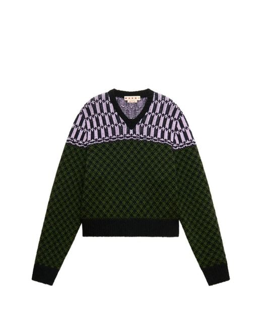 Marni Green Jacquard-Knit Geometric-Motif Sweater for men