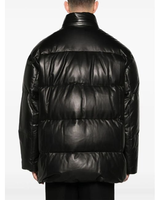 Prada Black Logo-Plaque Leather Puffer Coat for men