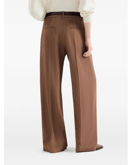 Brunello Cucinelli Brown Virgin Wool And Viscose Tricotine Loose Pleated Trousers With Monili