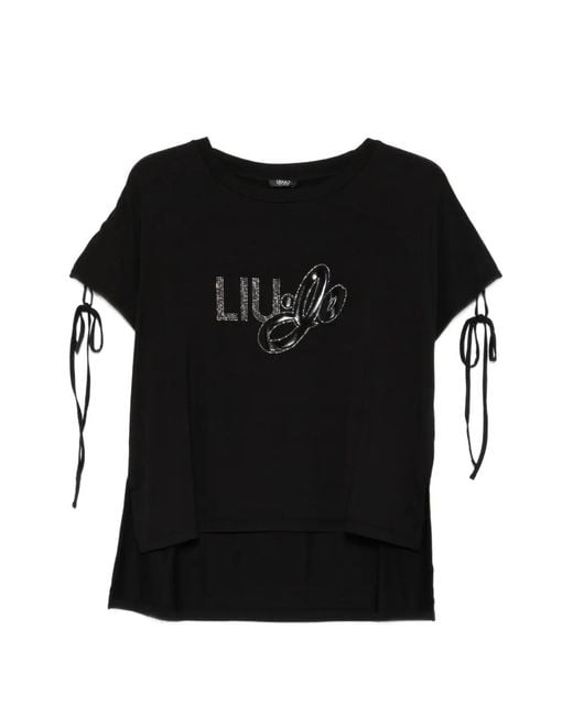 Liu Jo Black Logo-Embellished Tie-Sleeve T-Shirt