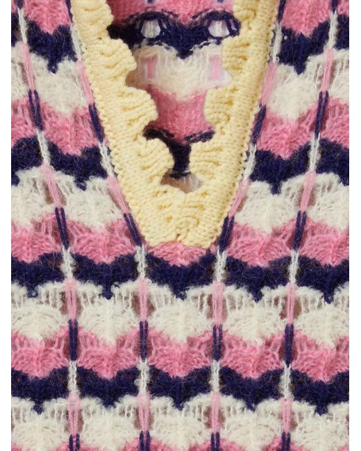 LaDoubleJ Red Crochet-Trimmed Geometric-Pattern Sweater
