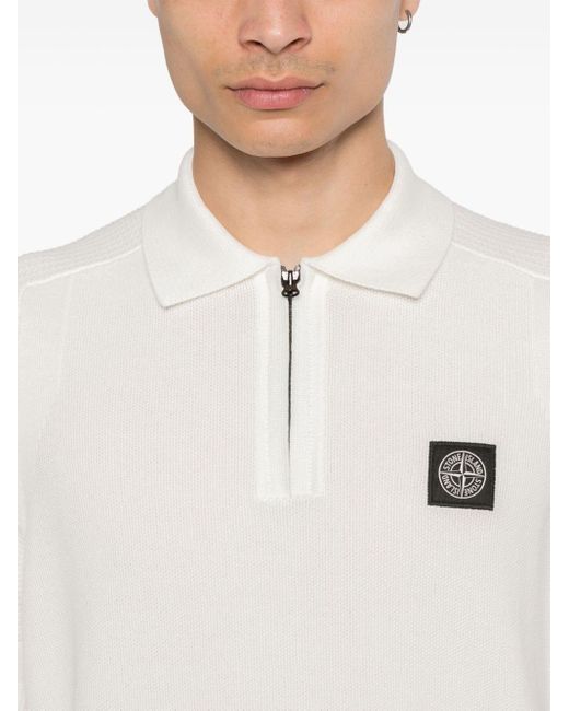 Stone Island White Compass-motif Knitted Polo Shirt for men