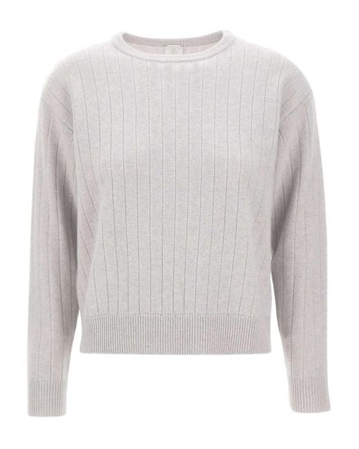 Eleventy White Ribbed Crew-Neck Sweater