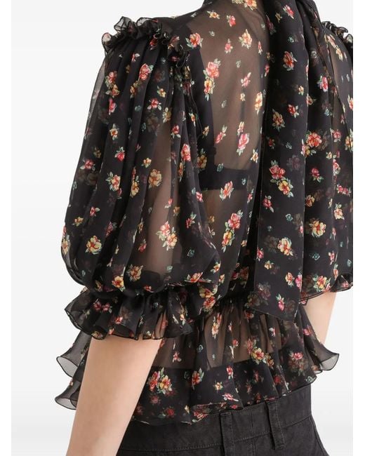 Dolce & Gabbana Black Ruffled Floral Blouse