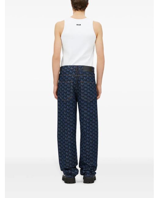 MSGM Blue Monogram-Print Cotton Jeans for men