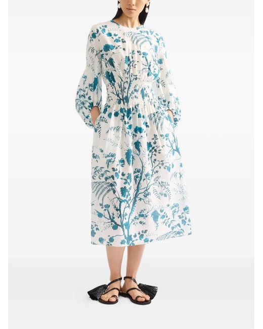 Erdem Blue Botanical-Print Shirred-Waist Midi Dress