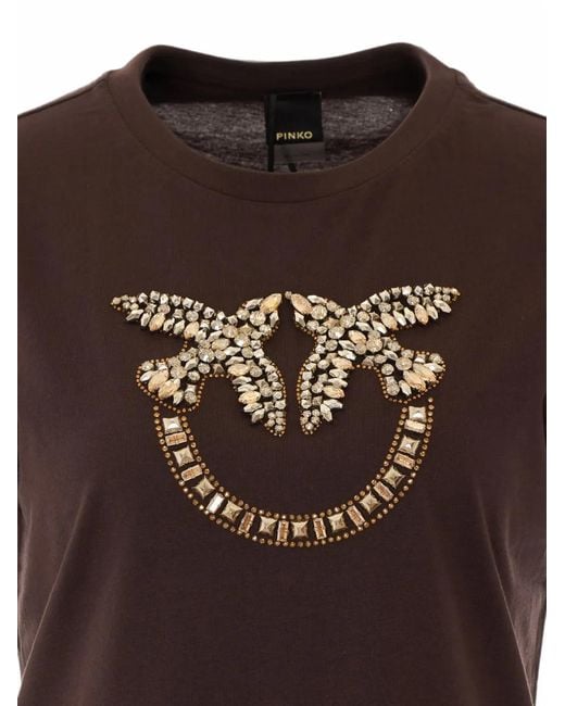 Pinko Brown Love Birds Crystal-Embellished T-Shirt