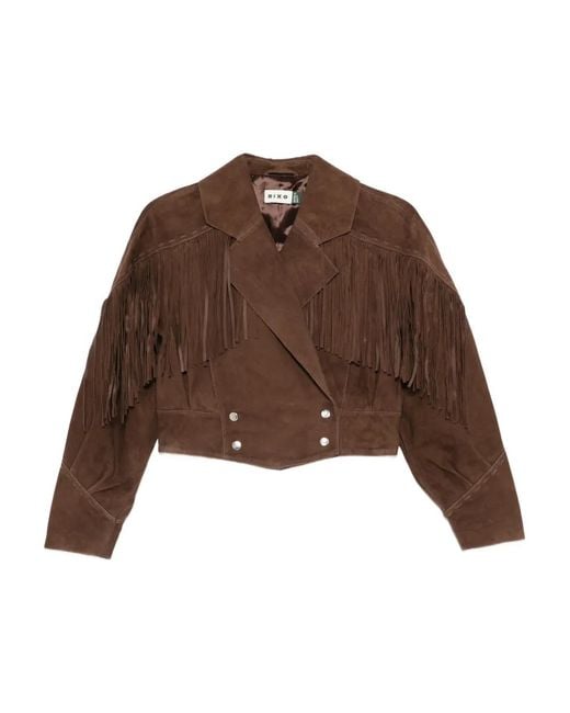 Rixo Brown Fringe-Detail Double-Breasted Jacket