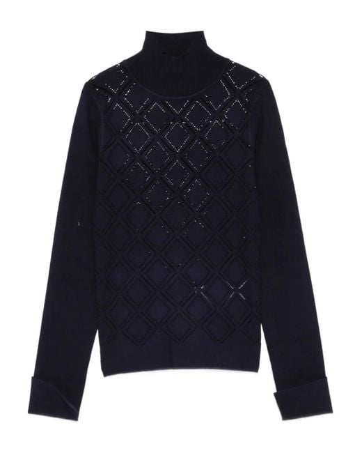 Blugirl Blumarine Blue Geometric-Pattern High-Neck Sweater