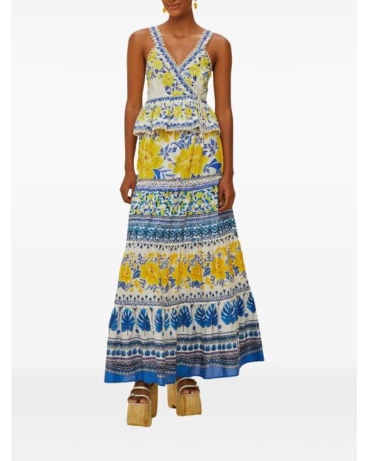 Farm Rio White Zuli Floral-Print Tiered Maxi Skirt