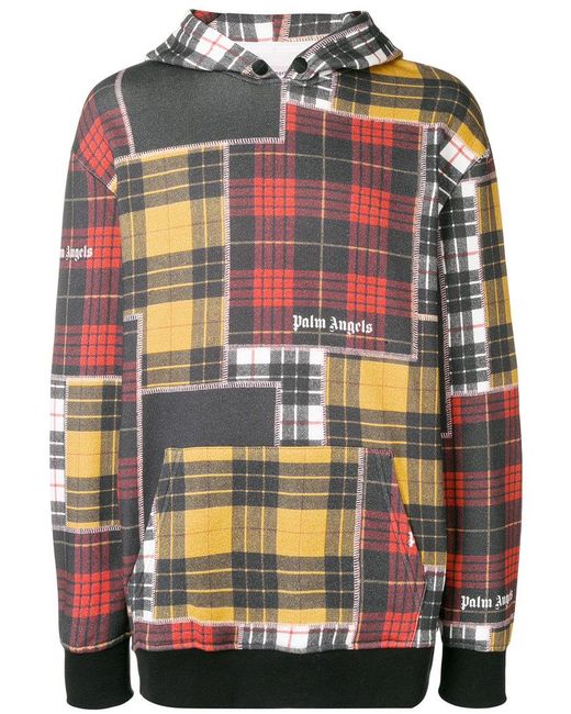 Palm Angels Red Patchwork Plaid Hoodie for men