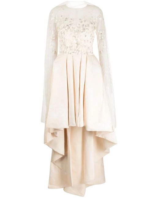 Saiid Kobeisy Natural High-Low Brocade Maxi Dress