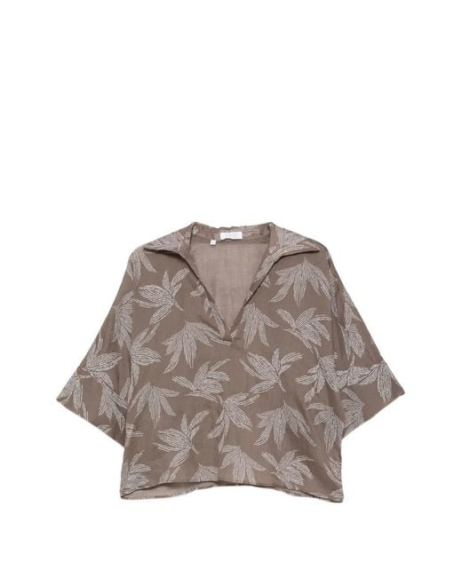 Barba Napoli Brown Leaf-Print Blouse