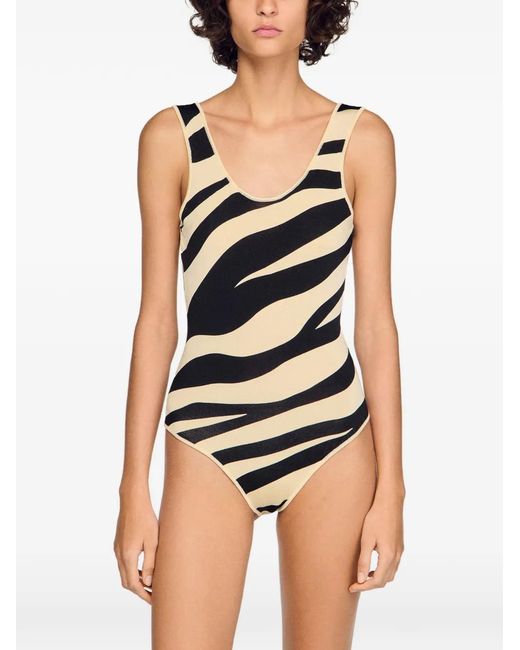 Sandro White Zebra-Print Bodysuit