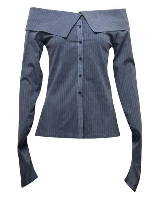 Hache Blue Striped-Pattern Off-Shoulder Shirt