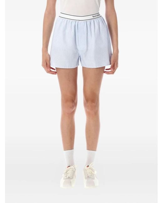 Sporty & Rich Blue Serif Logo Boxers Stripe-Pattern Shorts