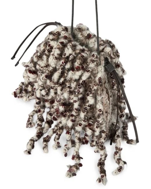 Brunello Cucinelli Gray Dazzling Twist Embroidery Pouch Bag With Precious Chain
