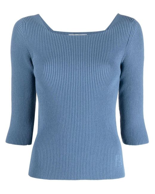 Fendi Blue Square-neck Ribbed-knit Top