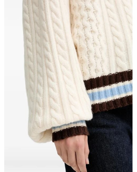Gestuz Natural Cable-Knit Striped V-Neck Sweater