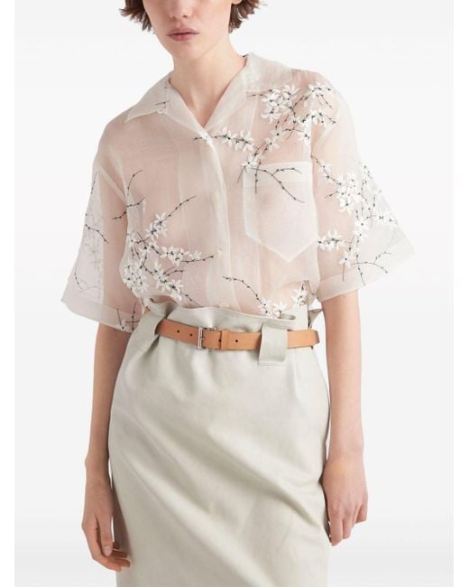 Camisa translúcida con bordado floral Prada de color White
