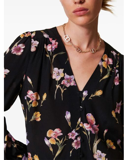 Twinset Black Crêpe De Chine Floral Shirt