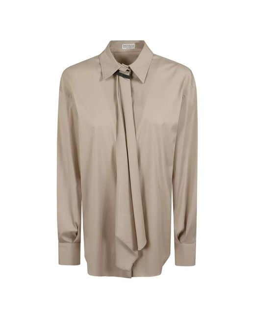 Brunello Cucinelli Natural Monili-Detail Tie-Fastening Shirt