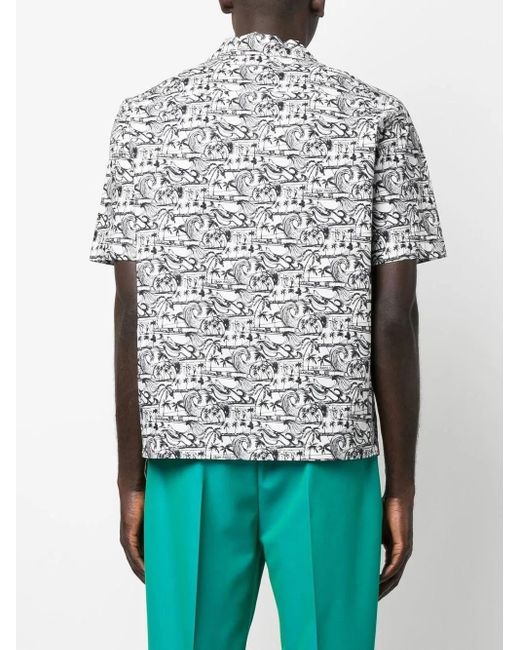 Palm Angels Gray Waves-Print Bowling Shirt for men