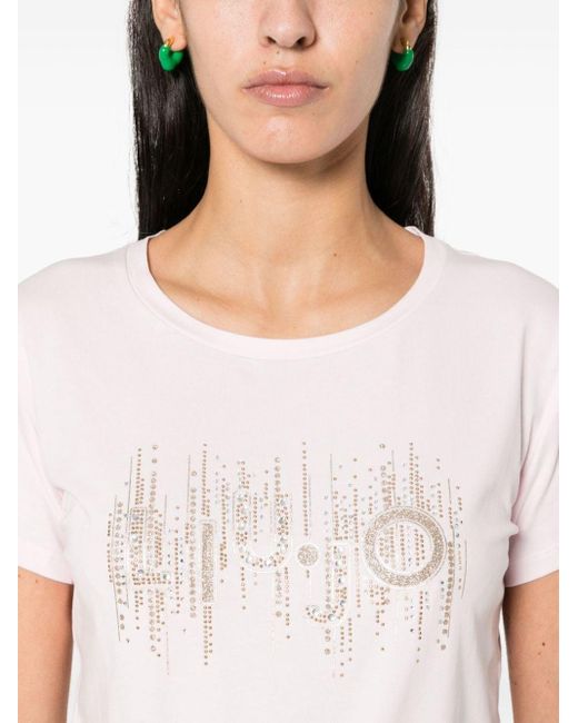 T-shirt orné de cristal à logo imprimé Liu Jo en coloris Pink