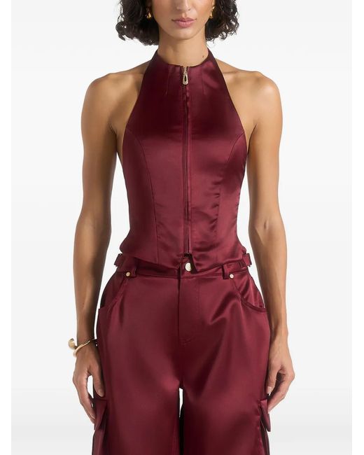 Manière De Voir Red Claudette Satin Halterneck Backless Top