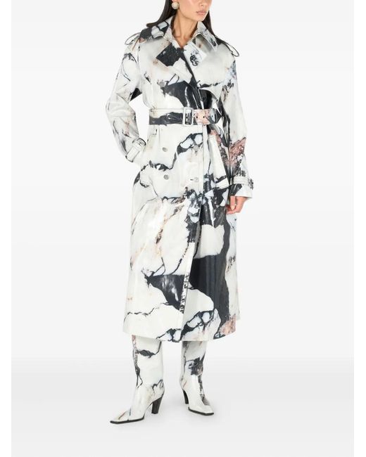Roberto Cavalli White Marble-Print Double-Breasted Trench Coat