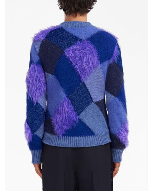 Marni Blue Faux-fur Argyle-knit Jumper for men