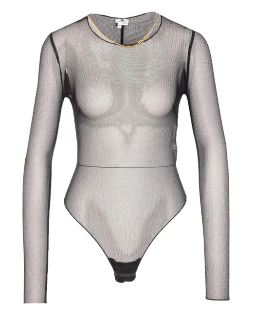 Elisabetta Franchi Gray Mesh Long-Sleeve Bodysuit