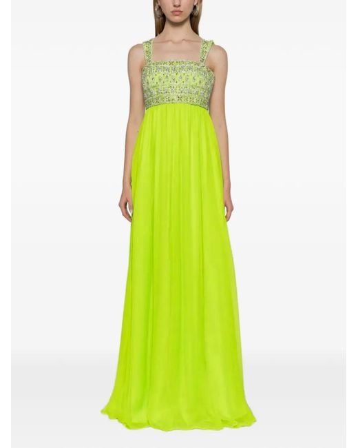 Dina Melwani Green Crystal-Embellished Empire-Waist Maxi Dress