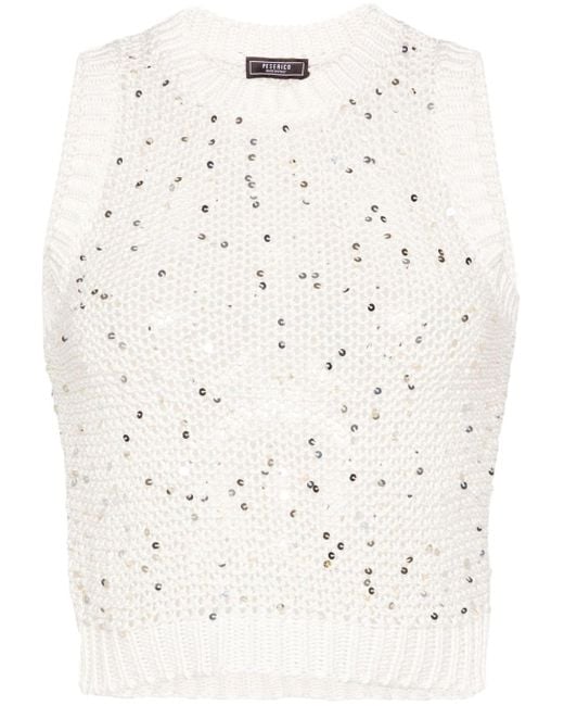 Peserico Natural Sequin-embellished Crochet Knitted Top
