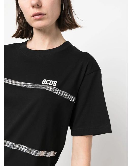 Gcds Black Striped T-shirt With Rhinestones