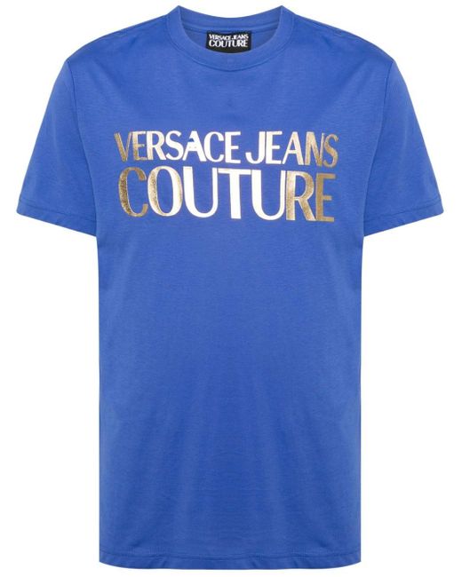 Versace Blue Logo-foil Cotton T-shirt for men