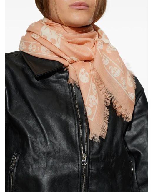 McQueen Natural Skull-Print Raw-Edge Scarf
