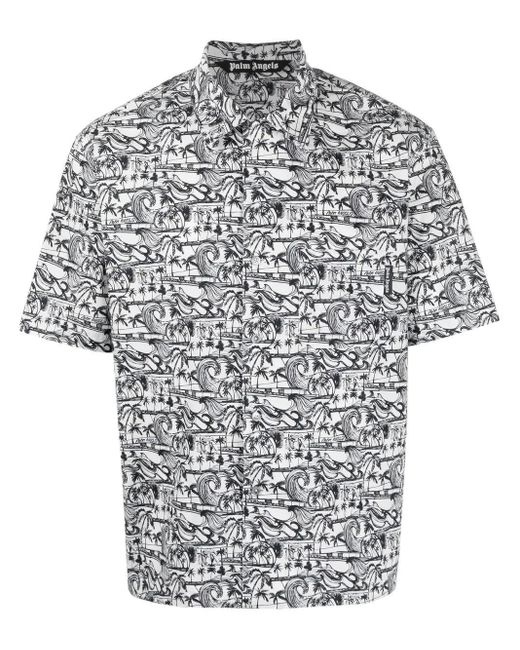 Palm Angels Gray Waves-Print Bowling Shirt for men