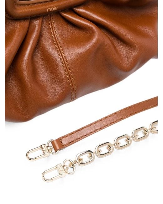 Maje Brown Gathered-Detailing Leather Clutch Bag