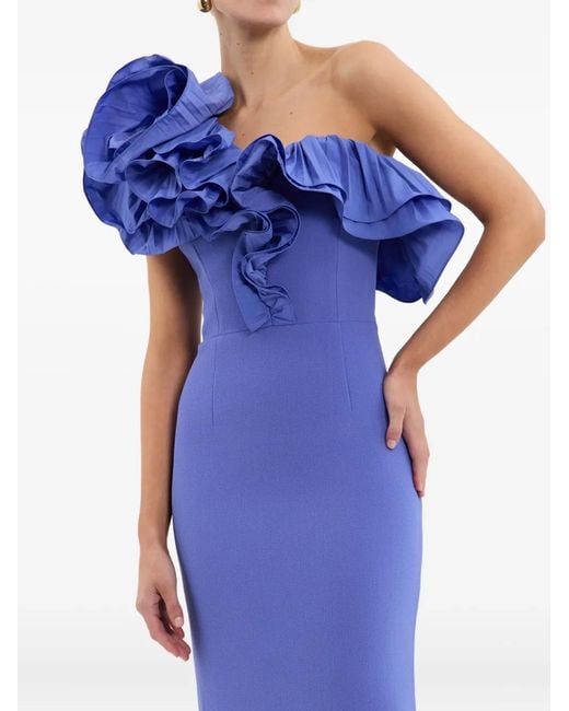 Rebecca Vallance Blue Ruffle-Detail One-Shoulder Maxi Evening Dress