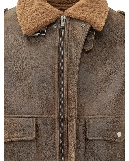 DFOUR® Brown Shearling-Collar Epaulette Jacket for men