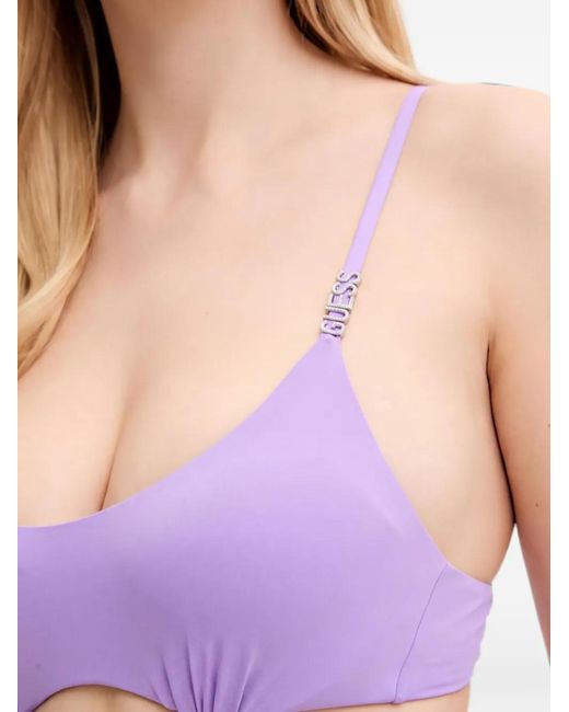 Guess Purple Logo-Embellished Ruched-Detail Bikini Top