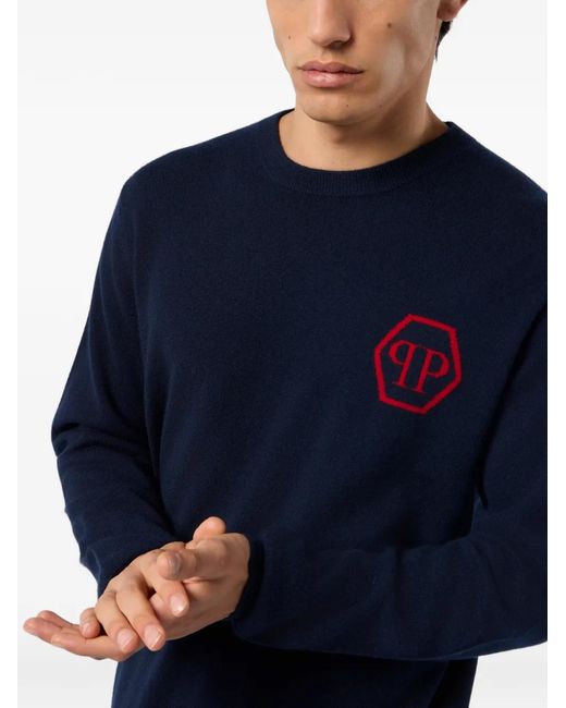 Philipp Plein Blue Jacquard Hexagon Roundneck Knitwear for men