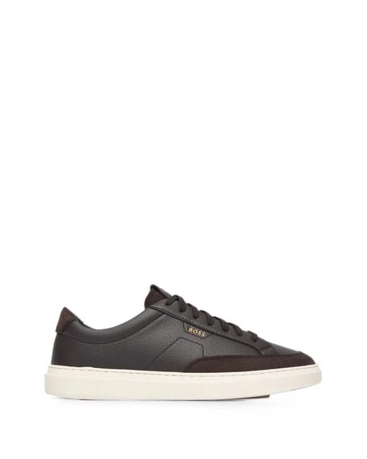 Boss Brown Panelled Leather Sneakers for men