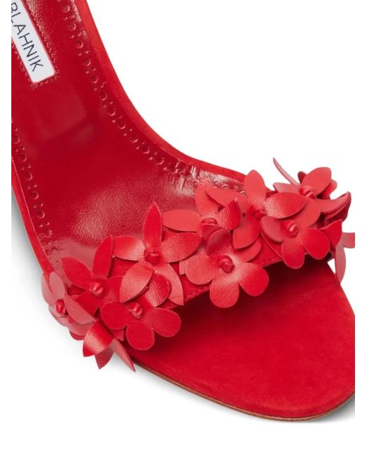 Manolo Blahnik Red Anista Floral-Detail Sandals