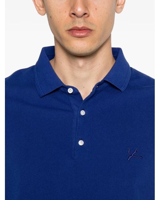 Isaia Blue Embroidered Button Polo Shirt for men