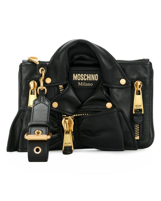 Moschino Black Leather Biker Ha Womens Bags Clutches and evening bags 