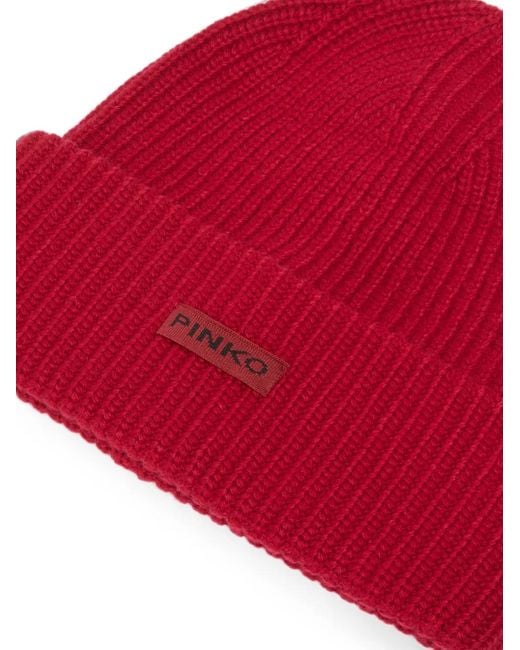 Pinko Red Ribbed-Knit Logo-Patch Beanie Hat