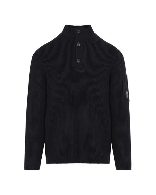 C P Company Blue Ribbed-Knit Lens-Detail Sweater for men