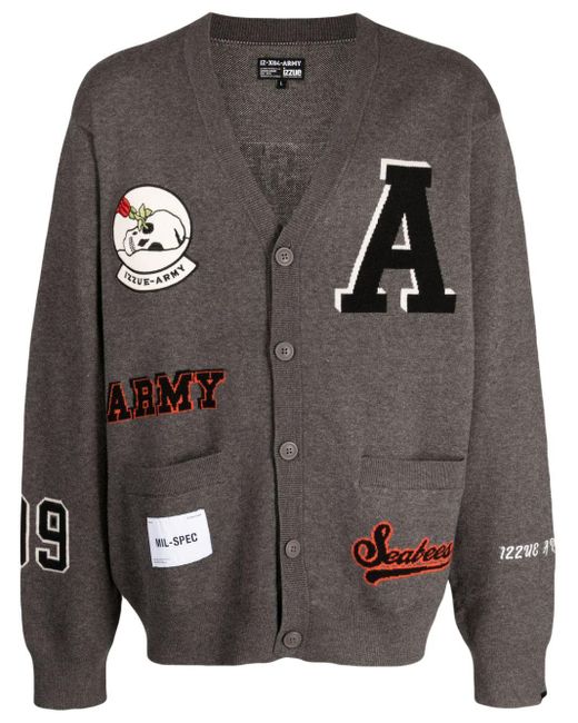 Izzue Gray Logo patches V neck Cardigan for men